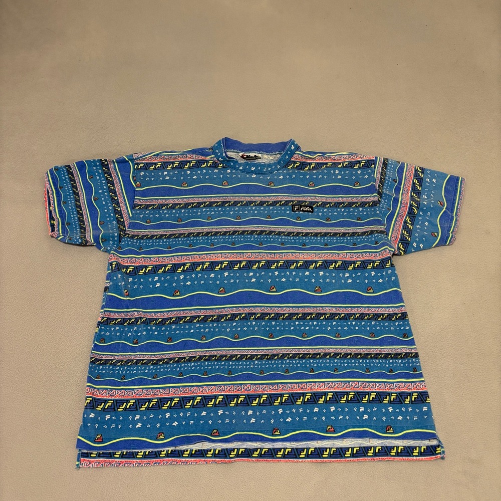 Vintage Fila All Over Print T Shirt Mens Large Blue Geometric 90s Made in USA